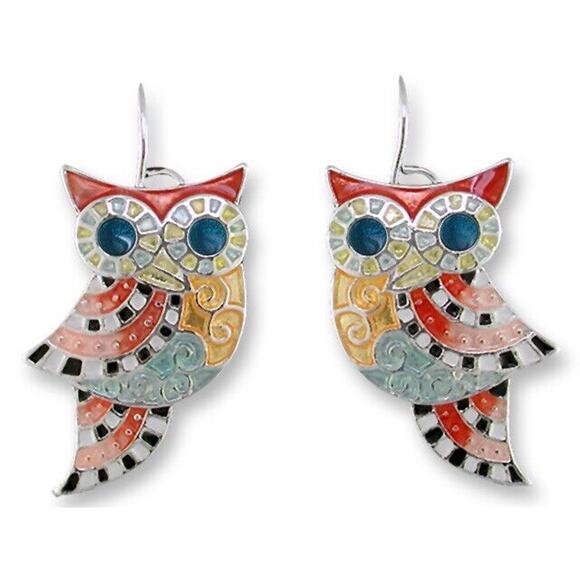 Owl Radiance Dangle Earrings Silver Plated Enamel Bird Zarah Zarlite - Picture 1 of 4